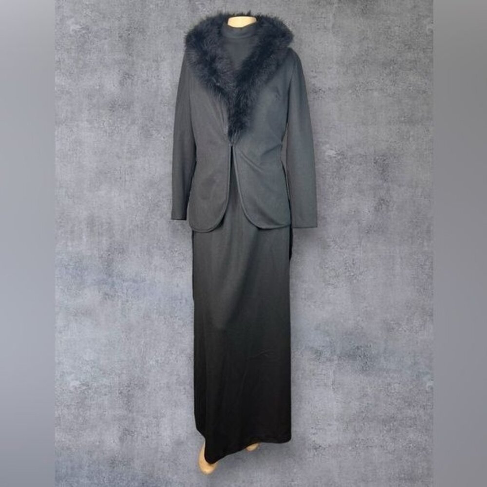 Vintage Handmade Black Maxi Dress with Faux Fur Trim